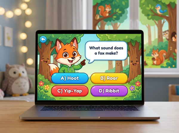 Kiolesura cha jaribio la mtandaoni chenye rangi zenye kuvutia kwenye skrini ya kompyuta, kinaonyesha swali la kuchagua jibu lenye vitufe vyenye rangi. Kuna mnyama wa katuni mwenye macho makubwa ya kupenda kujua, na msitu wa kuburudisha nyuma yake.