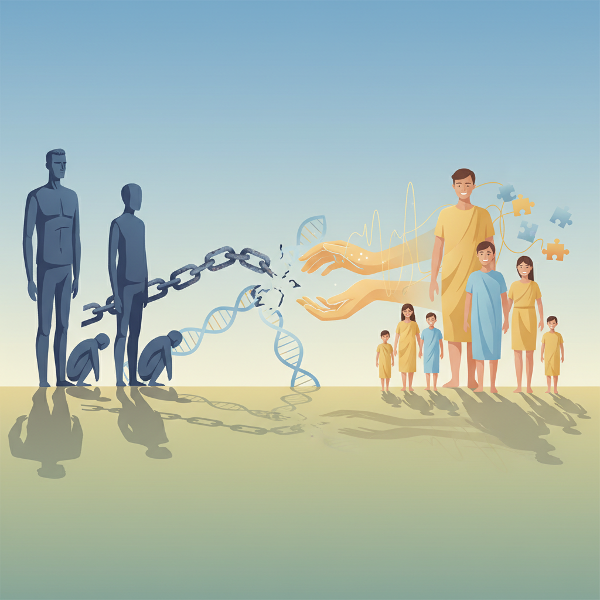 Picha inaonyesha mfumo wa malezi unaopitishwa kizazi kwa kizazi, kutoka kwenye ukatili hadi ukaribu. Inaonyesha wazazi wakitoa vivuli kwa watoto, minyororo inavunjika, na familia ya kisasa yenye mahusiano ya joto.