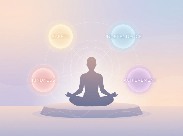 Picha ya mtu anayetafakari kwa utulivu, akiwa amezungukwa na mawimbi ya nuru yanayowakilisha thamani muhimu za ndani, kwenye mandhari ya rangi za alfajiri. Inaonyesha msafiri wa ndani wa kujipatia maana na mwelekeo.