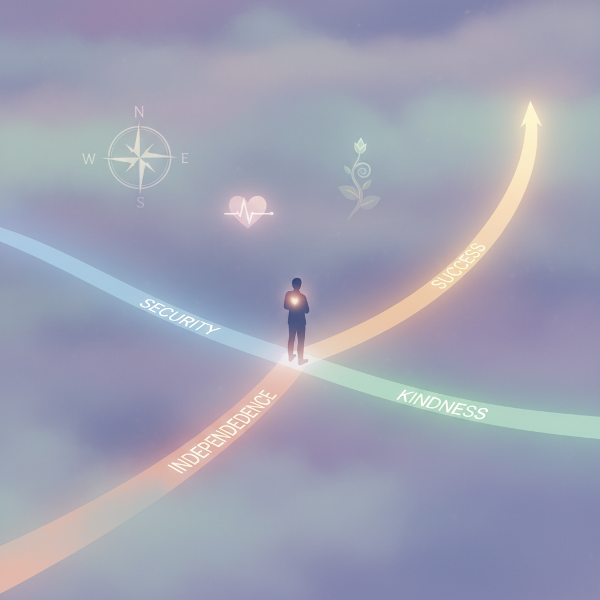 Picha ya kufikirisha inayoonyesha mtu akisimama kwenye njia mbalimbali za mwanga katika mandhari ya kiroho, ikionyesha utafutaji wa thamani na maana ya ndani ya maisha.