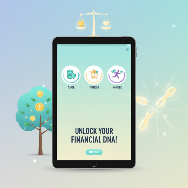 Picha ya kiolesura cha kisasa cha kidijitali cha jaribio la tabia za kifedha kwenye skrini, lenye alama za rangi na vipengele vya kiishara vinavyoonyesha ukuaji, usawa, na ukombozi kifedha.