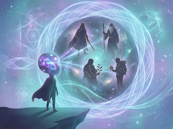 Picha ya kisanii inayoonyesha mtu anayekabili mlango wa nuru uliojaa sanamu za mifano ya kina (archetypes) zinazotoka akilini mwake, katika mazingira ya ulimwengu wa ajabu na rangi za anga lenye kutoa hisia ya uchunguzi wa ndani na kujigundua.