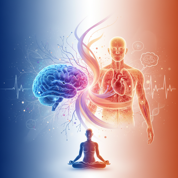 Picha inaonyesha muunganisho kati ya akili na mwili. Upande wa kushoto una ubongo unaong'aa, upande wa kulia una muonekano wa ndani ya mwili. Katikati, nguvu zinapitishana kati ya sehemu hizi mbili. Mtu anakaa kwenye nafasi ya kutafakari chini, na alama za kimatibabu zinaelea nyuma.