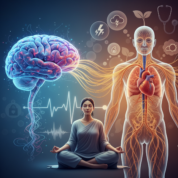 Picha ya kiwazo inayoonyesha muunganisho kati ya akili na mwili. Upande wa kushoto unaonyesha ubongo, upande wa kulia unaonyesha muundo wa mwili, na katikati kuna nyuzi za mwanga zinazounganisha vyote viwili, zikionyesha uhusiano wa saikomatiki.