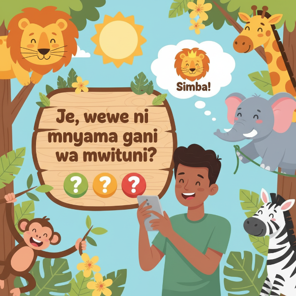 Kiolesura cha jaribio la mtandaoni chenye mandhari ya safari yenye rangi nyororo na wanyama wa katuni wakitazama, na mtu akichukua jaribio kwenye simu.