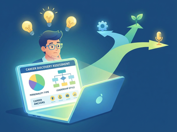 Picha ya mtandaoni inayoonyesha mtu akichukua jaribio la kitaaluma kwenye kompyuta kibao, ikionyesha michoro ya aina ya utu, mtindo wa uongozi, na alama za nanga za kazi, kwa mandhari ya kisasa na rangi nyororo.