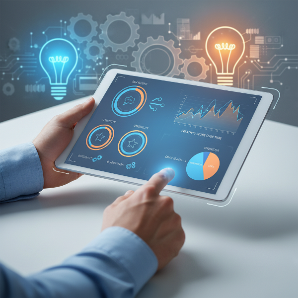 Picha inaonyesha mazoezi ya kupima ubunifu kwenye kiolesura cha kidijitali, na michoro na alama za rangi tofauti zinazoashiria vipengele mbalimbali vya ujuzi wa kufikiria na kutatua matatizo.