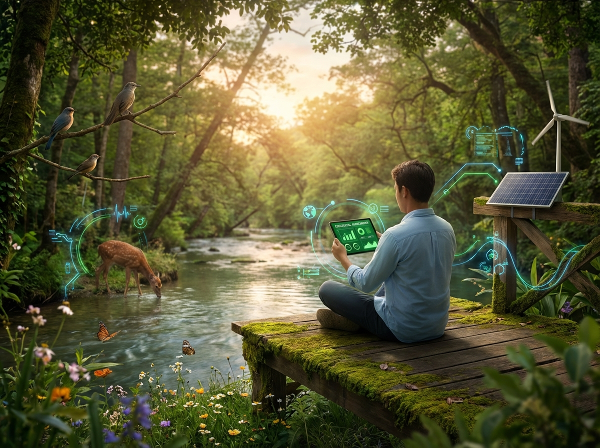 Picha inaonyesha mtu anayechukua jaribio la mtandaoni kwenye kifaa cha kielektroniki katika mazingira ya asili yenye amani, ikionyesha uhusiano kati ya teknolojia na ulinzi wa mazingira.