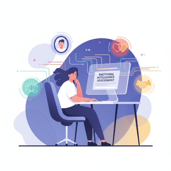 Picha ya kisasa inayoonyesha mtu akichukua jaribio la akili ya kimihimili kwenye kompyuta, ikionyesha viashiria vinne vya EQ na mtiririko wa data ya rangi.