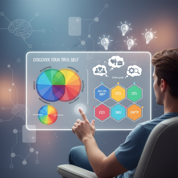 Picha ya kiwango cha juu ya mtu akifanya jaribio la utu mtandaoni, ikionyesha violezo rangi vya sifa za utu na viashiria vya aina za MBTI kwenye skrini, pamoja na vitu vya kuona vinavyoashiria mahusiano, malengo ya kazi, na mifumo ya kufikiria.