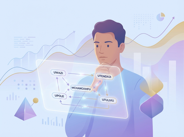 Picha ya mtu anayechunguza tathmini ya utu kupitia kiolesura cha kidijitali chenye nodi za rangi zinazowakilisha sifa mbalimbali za kibinafsi, ikionyesha uchunguzi wa kina na ukuaji wa kibinafsi.