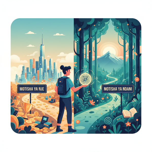 Picha inaonyesha mtu akiwa kwenye njia panda, akichagua kati ya motisha ya nje yenye tuzo na motisha ya ndani yenye ustawi binafsi, akishika dira ya malengo.