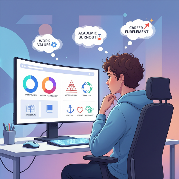 Picha ya mtandaoni inayoonyesha mtu akichukua jaribio la kisaikolojia kwenye kompyuta. Skrini inaonyesha chati za rangi, aina za uongozi, na maadili ya kazi. Mtu anafikiria kwa kina juu ya majibu yake.