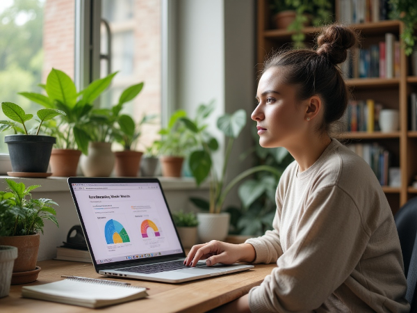 Mtu anafanya jaribio la mtandaoni la kipimo cha akili na hisia kwenye kompyuta kibao, akiwa katika mazingira ya utulivu na uangalifu.