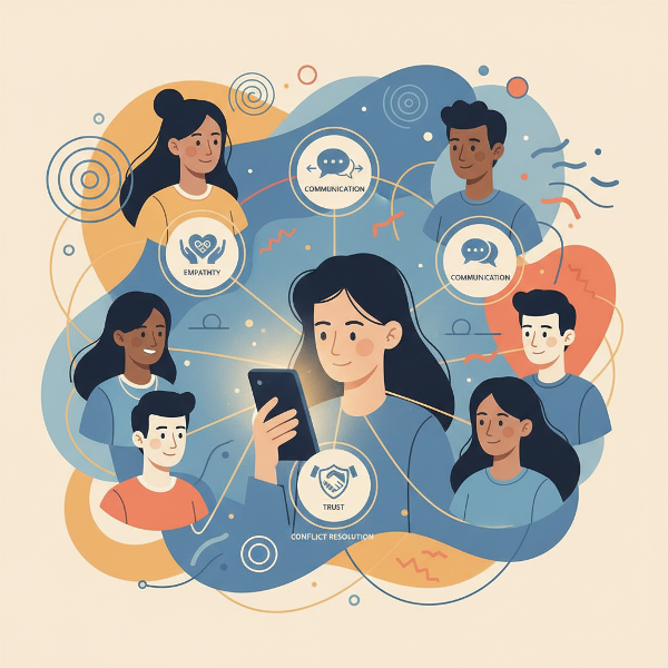 Picha ya kisasa inayoonyesha watu wanaounganishwa na nyuzi za mwanga, wakikagua tathmini ya kisaikolojia kwenye simu mahiri. Inaonyesha dhana za uambatanishi, mawasiliano, na uelewa katika mahusiano.