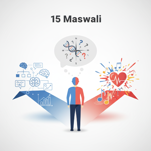 Picha ya kisasa inayoonyesha mtu akiwa kwenye njia panda, akifikiria kufanya uamuzi. Njia moja inawakilisha mantiki na uchambuzi (rangi za bluu), nyingine inawakilisha hisia na shauku (rangi za moto). Picha inaonyesha dhana ya 'DNA ya maamuzi' na dira ya ndani.