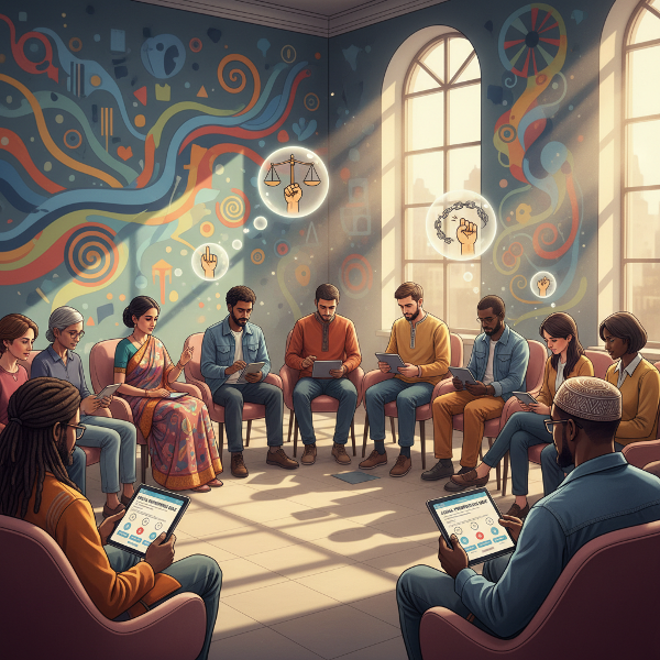 Watu kutoka tamaduni mbalimbali wakishiriki katika jaribio la kisaikolojia la mtandaoni lenye maswali 15, wakijadili masuala ya usawa, haki na ubaguzi katika mazingira ya kijamii.