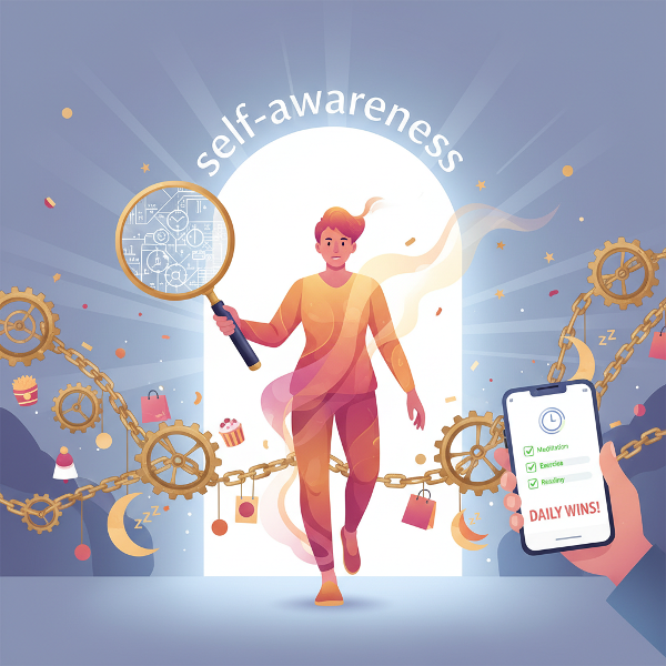 Picha inaonyesha mtu akivunja minyororo isiyoonekana ya desturi mbaya za kila siku na kuingia katika mwanga wa ufahamu wa kibinafsi, akiwa na darubini inayoonyesha mifumo iliyofichika ya maisha yake.