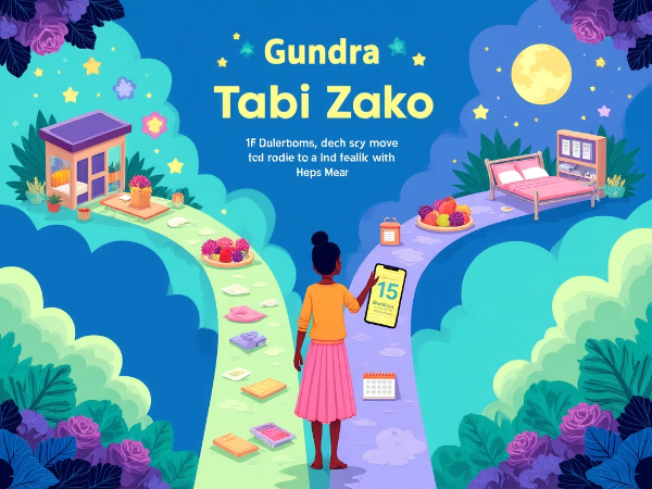 Picha ya kisasa inayoonyesha mtu akiwa kwenye njia tatu zinazowakilisha tabia za kula, kulala na uzalishaji, akishika simu inayoonyesha maswali 15 ya jaribio la kugundua tabia za kila siku.