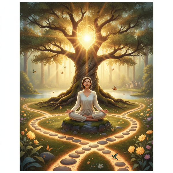 Picha inaonyesha mtu mwenye usawa na amani katika mazingira ya asili, ikionyesha ustawi wa kihisia, kisaikolojia na kijamii kupitia viishara mbalimbali vya nguvu, matumaini na maana ya maisha.