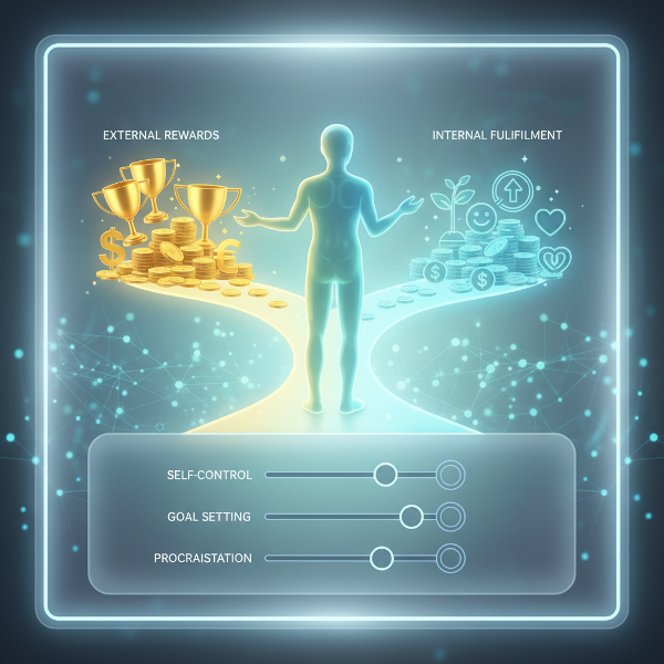 Picha ya kiolesura cha jaribio la kisaikolojia lenye mtu anayechagua kati ya malipo ya nje na furaha ya ndani, ikionyesha njia mbili na viwango vya kujidhibiti na kuweka malengo.