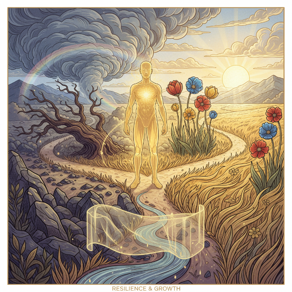 Picha ya mtu anayesimama kwenye njia nyingi zinazowakilisha mabadiliko ya maisha, akionyesha uwezo wa kukabiliana, ukuaji baada ya matatizo, na kurudi kwenye usawa.