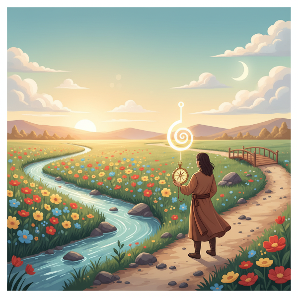 Picha inaonyesha mtu akiwa kwenye njia mbili zenye mazingira tofauti, akishika dira inayong'aa, ikionyesha uchaguzi na uwezo wa kukabiliana na changamoto katika safari ya ustawi wa kibinafsi.