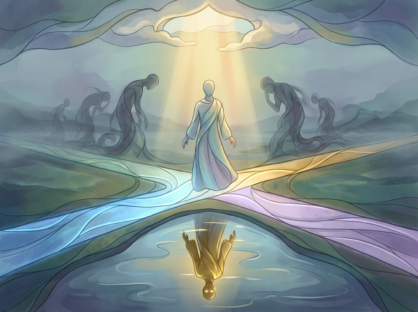 Picha ya kufikirisha inayoonyesha mtu akiwa kwenye njia nyingi za maisha, akitafuta utambulisho na kujithamini. Onyesho la maji linaonyesha sura yake yenye mwamko na ujasiri, huku mwanga wa tumaini ukimwangazia.