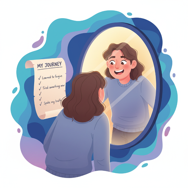 Picha inaonyesha mtu anajitazama kwenye kioo na kutambua uhalisi wake, ikionyesha mchakato wa kujithamini na kujua kibinafsi kupitia maswali ya jaribio.