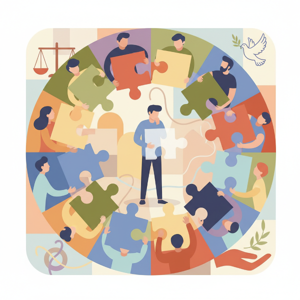 Picha inaonyesha watu wanaoshiriki katika jaribio la kijamii, wakishikilia vipande vya puzzle vinavyowakilisha maoni tofauti na kujenga pamoja ufahamu.