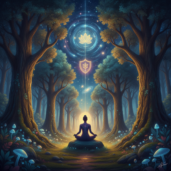 Picha inaonyesha mwanga na amani, mtu akitafakari katika mazingira ya asili na nyota, ikitoa hisia za nguvu za ndani na maana ya kiroho.