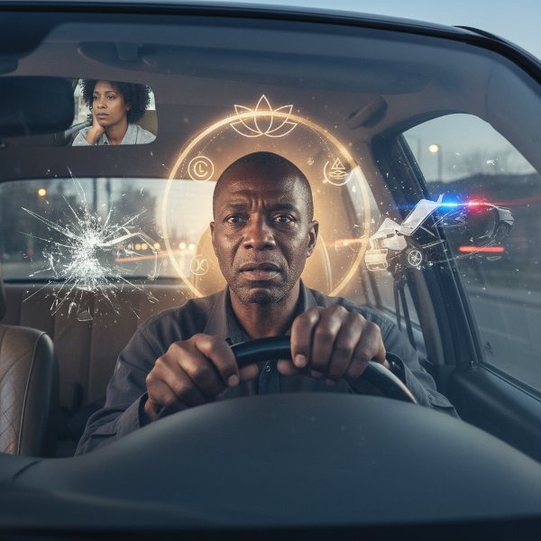 Mwanamume mwenye umri wa miaka 40 akiwa kwenye gari, akionesha msongo wa mawazo kutokana na tukio la ajali la zamani linaloonekana kama picha ya kivuli mbele yake, huku akijaribu kupata nguvu na mbinu za kupona.