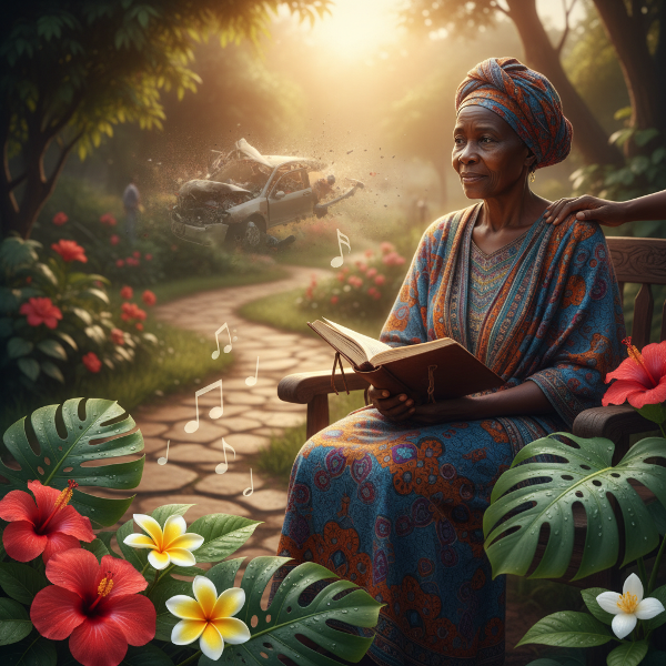 Mwanamke mzee akiwa bustanini asubuhi na kumbukumbu dhaifu za ajali nyuma, akipokea usaidizi na kutumia mbinu za kudhibiti mshtuko.