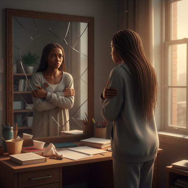 Mwanamke mchanga wa Kiafrika akiangalia mfano wake kwenye kioo kilichovunjika ambacho kinaonyesha picha isiyo sawa, akiwa katika chumba cha chuo na vitabu vilivyotawanyika, akionyesha wasiwasi na kutojisikia kuwa yeye mwenyewe.