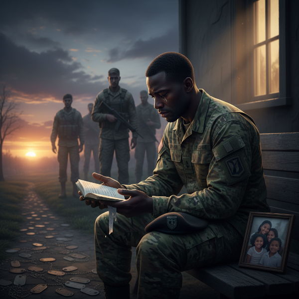 Mwanamume akiwa kwenye uniformu ya kijeshi amekaa peke yake akitazama mikono yake, wakati mashetani wa marafiki waliokufa wamesimama nyuma. Anashika daftari lenye machozi na picha ya familia, na njia ya vitambulisho vya waliokufa inaelekea mwangaza wa asubuhi.