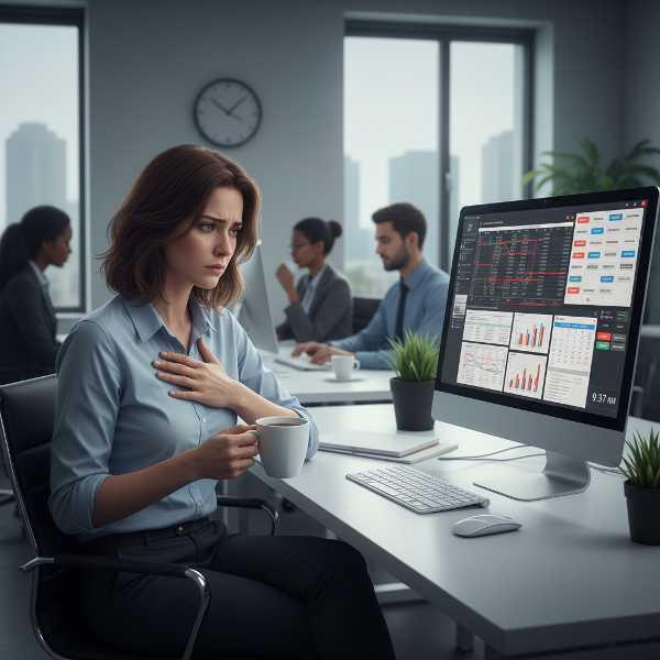 Mwanamke mwenye umri wa miaka 47 akiwa kwenye dawati lake la ofisini katika kampuni ya teknolojia, akiwa na hali ya wasiwasi na dalili za kimwili kama kutikisika kwa mikono na moyo kupiga kwa kasi, huku akikabiliwa na skrini ya kompyuta iliyojaa kazi nyingi.