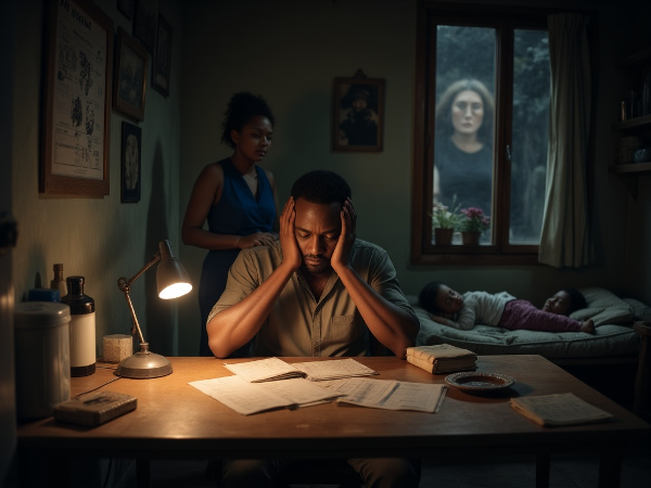 Baba anayesumbuliwa na shida za kifedha anakaa mezani usiku, akiwa na hofu juu ya ada za shule na chakula. Mke wake na watoto wanaonyesha huzuni, lakini mkono wa msaada unamgusa bega, ukionyesha tumaini na ushirikiano wa jamii.