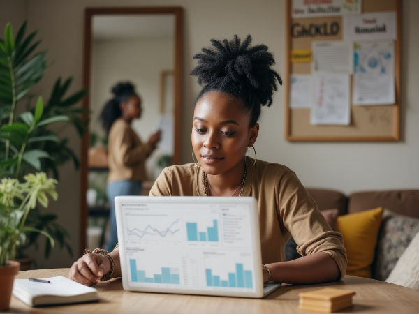 Mwanamke mjasiriamali mchanga akiwa kwenye ofisi ya nyumbani, akijifunza kudhibiti hofu ya kijamii na kusimamia fedha za biashara yake ya ushauri mkondoni.