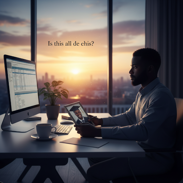 Mwanamume mwenye miaka 26 amekaa kwenye ofisi yake mpya, akiwa amechoka na kujisikia tofauti na yeye mwenyewe. Anaangalia kwa utata picha yake ya uhitimu, hali inayoonyesha msongo wa mawazo na kutafuta maana katika maisha yake mapya ya kazi.