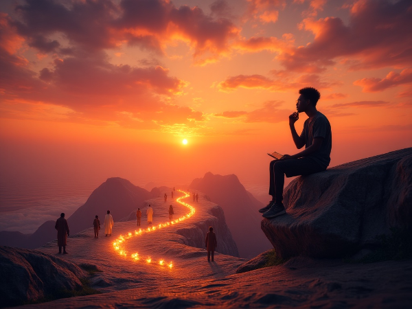 Mwanamume mchanga akiwa amekaa juu ya jabali wakati wa machweo, akitazama njia nyingi mbele yake. Njia moja imejaa matarajio ya wengine, na nyingine zinaonyesha ndoto na shughuli binafsi. Anatafuta njia yake mwenyewe.