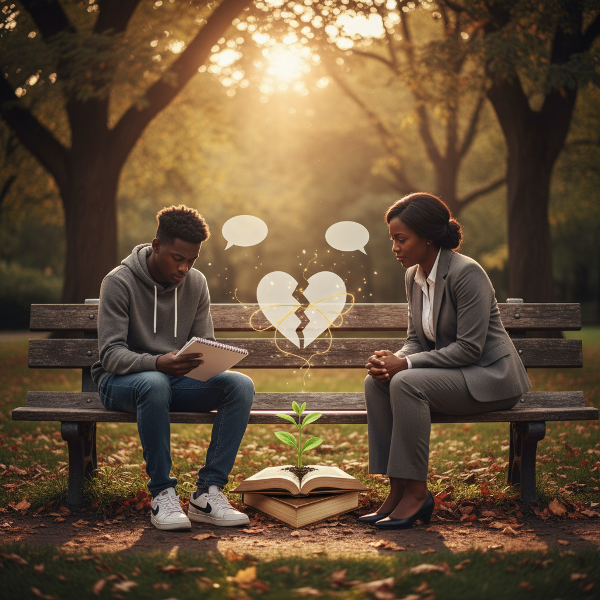 Kijana anashauriana na mwanasaikolojia katika bustani, wakati ishara za mawasiliano na upendo zinazunguka kati yao.