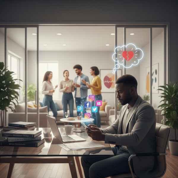 Kijana mwanaume anajihisi kama mgeni katikati ya jamii, akishikilia simu na vitabu vya saikolojia, akiwa na wasiwasi wa kijamii na kujisikia kutengwa hata akiwa na watu.