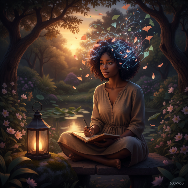 Picha inaonyesha mwanamke mchanga akiwa katika bustani wakati wa magharibi, akiwa na mwangaza wa taa au jua. Anaonekana na wasiwasi kidogo lakini pia kwa matumaini, huku mawazo yake yanayowakilishwa kwa nyuzi zinazotatika zikifunguka na kugeuka kuwa majani au maua yanayoelea kwa amani. Ana daftari na kalamu.