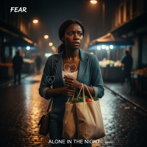 Picha inaonyesha mwanamke mchanga akiwa na wasiwasi anapotembea peke yake usiku, akihisi hofu na kuona hatari, lakini pia inaonyesha njia za kukabiliana na hofu hiyo kupitia ushirikiano na wengine na mbinu za kupumzika.