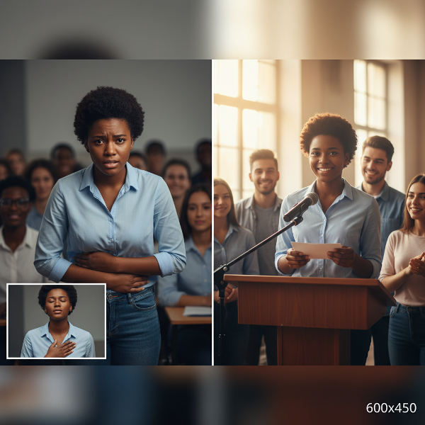 Picha inaonyesha msichana mwenye umri wa miaka 18 anayeshughulikia hofu ya kuzungumza mbele ya watu kupitia mazoezi ya kupumua na maandalizi, na hatimaye kuwasilisha kwa ujasiri.