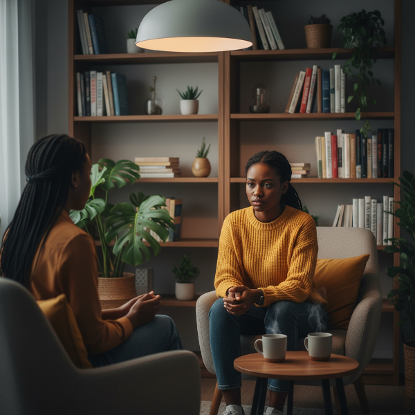Picha inaonyesha mwanamke mchanga wa Kiafrika akiwa katika chumba cha ushauri na mwanasaikolojia, ikionyesha mazungumzo ya kina kuhusu changamoto za kisaikolojia katika uhusiano na ngono.