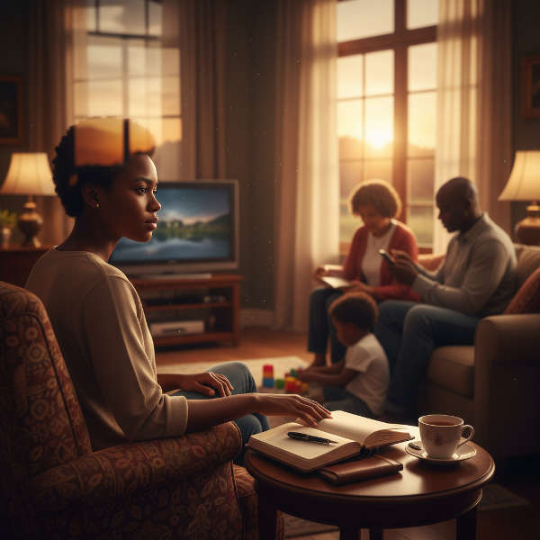 Kijana mwanamke mwenye umri wa miaka 18 anayeonekana kujitafutia utambulisho ndani ya familia yake, akiwa katika mazingira ya nyumbani na wazazi na ndugu wakimwangalia bila kumjali. Picha inaonyesha hisia za kutotambulika na kutokusikilizwa.