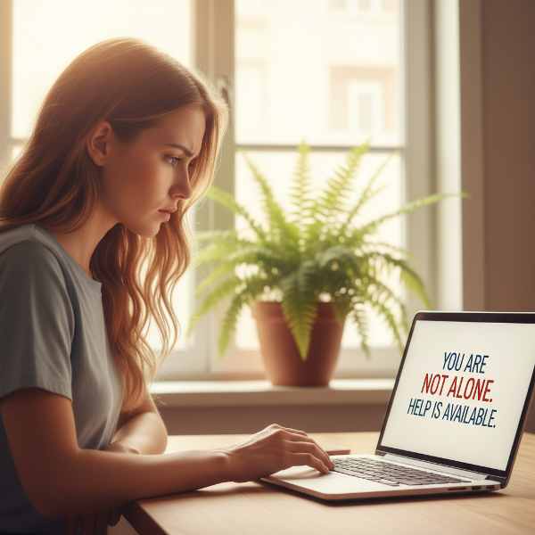 Picha ya mwanamke mchanga anayechungulia skrini ya kompyuta yenye ujumbe wa kuunga mkono, akiwa katika chumba chenye mwangaza wa upole unaoashiria tumaini na ukuaji.