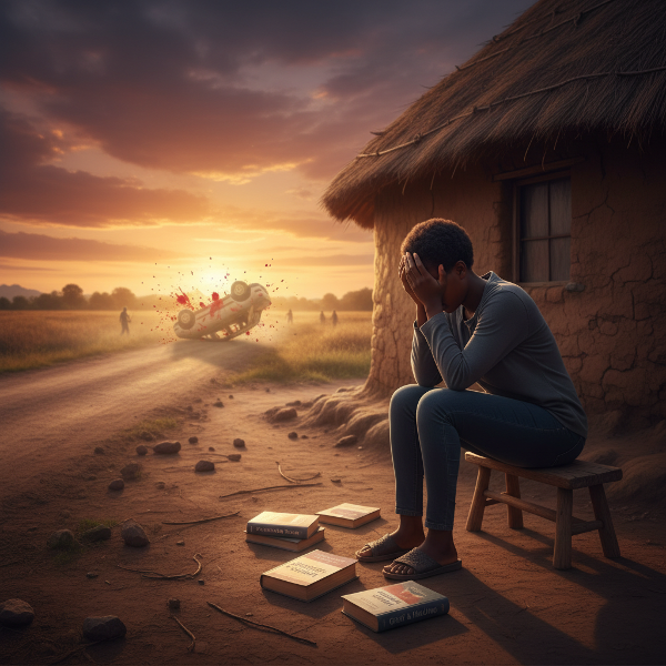 Msichana mwenye huzuni akiwa kijijini anatazama tukio la ajali la gari lililopinduka kwa kumbukumbu, huku akiwa amezungukwa na vitabu vya saikolojia vinavyong'aa.