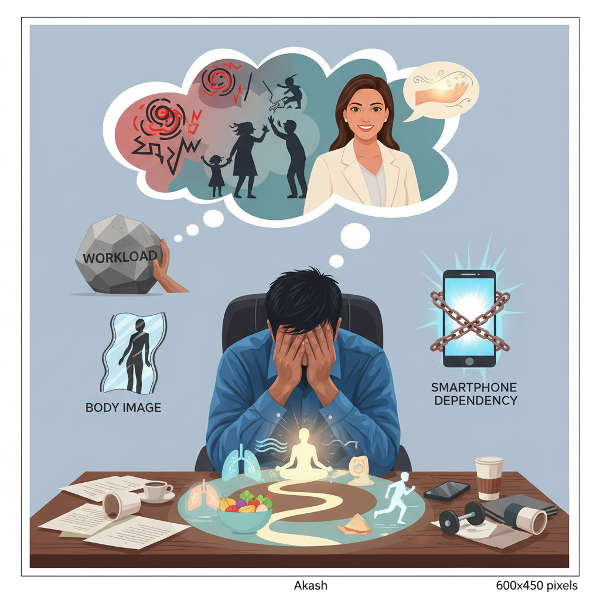 ஆகாஷின் வேலைப்பளு, உடல் பிம்ப பிரச்சனை, ஸ்மார்ட்போன் சார்பு ஆகியவற்றால் ஏற்படும் கோபத்தையும், உளவியலாளர் ஒளியின் ஆலோசனைப்படி சுவாசப் பயிற்சி, தியானம், ஆரோக்கியமான வாழ்க்கை முறை மூலம் அதை எவ்வாறு கட்டுப்படுத்தலாம் என்பதையும் காட்டும் படம்.